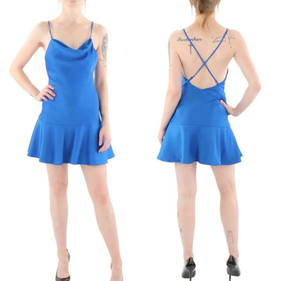 Aidan Mattox Marine Blue Satin Cowl Neck Cocktail Mini Dress Size 14 - Picture 1 of 10